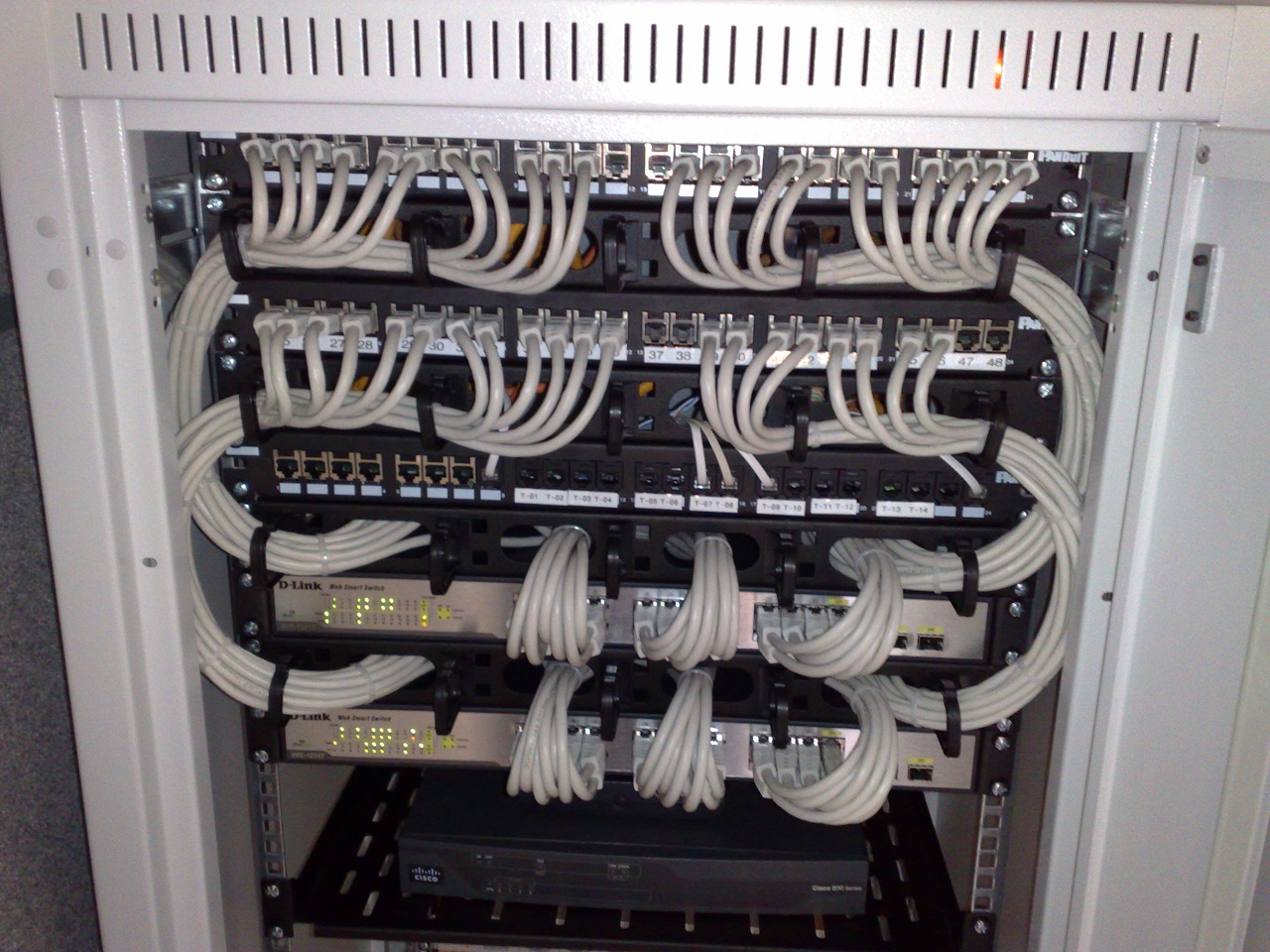 Two rack-mounted Gigabit Ethernet switches connected by short patch cables to the ports of several patch panels, all mounted in a standard 19-inch equipment rack.
