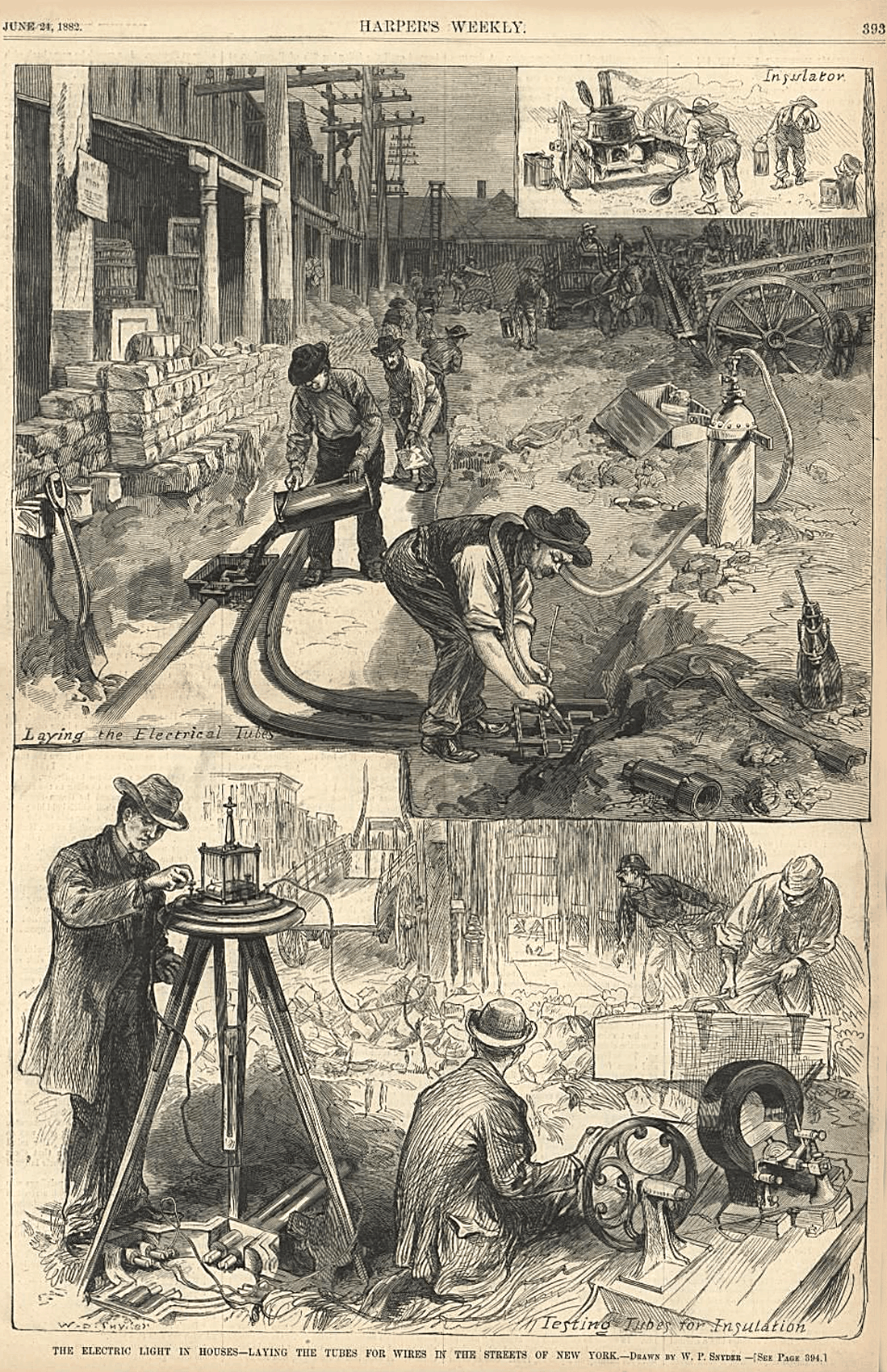 A Harper's Weekly engraving of workers laying electric lines under a city street