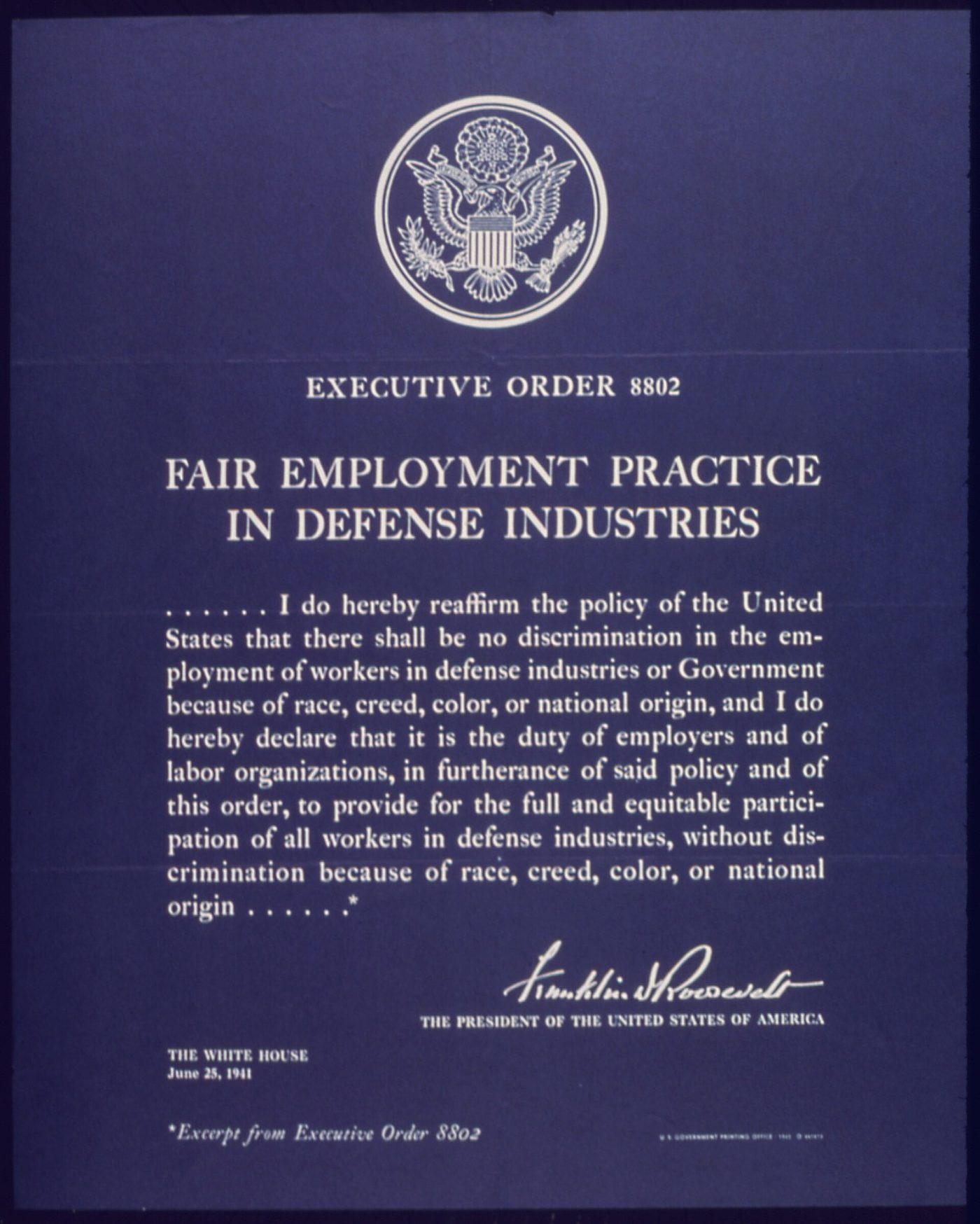 World War II era government poster titled Executive Order No. 8802, Fair Employment Practice in Defense Industries