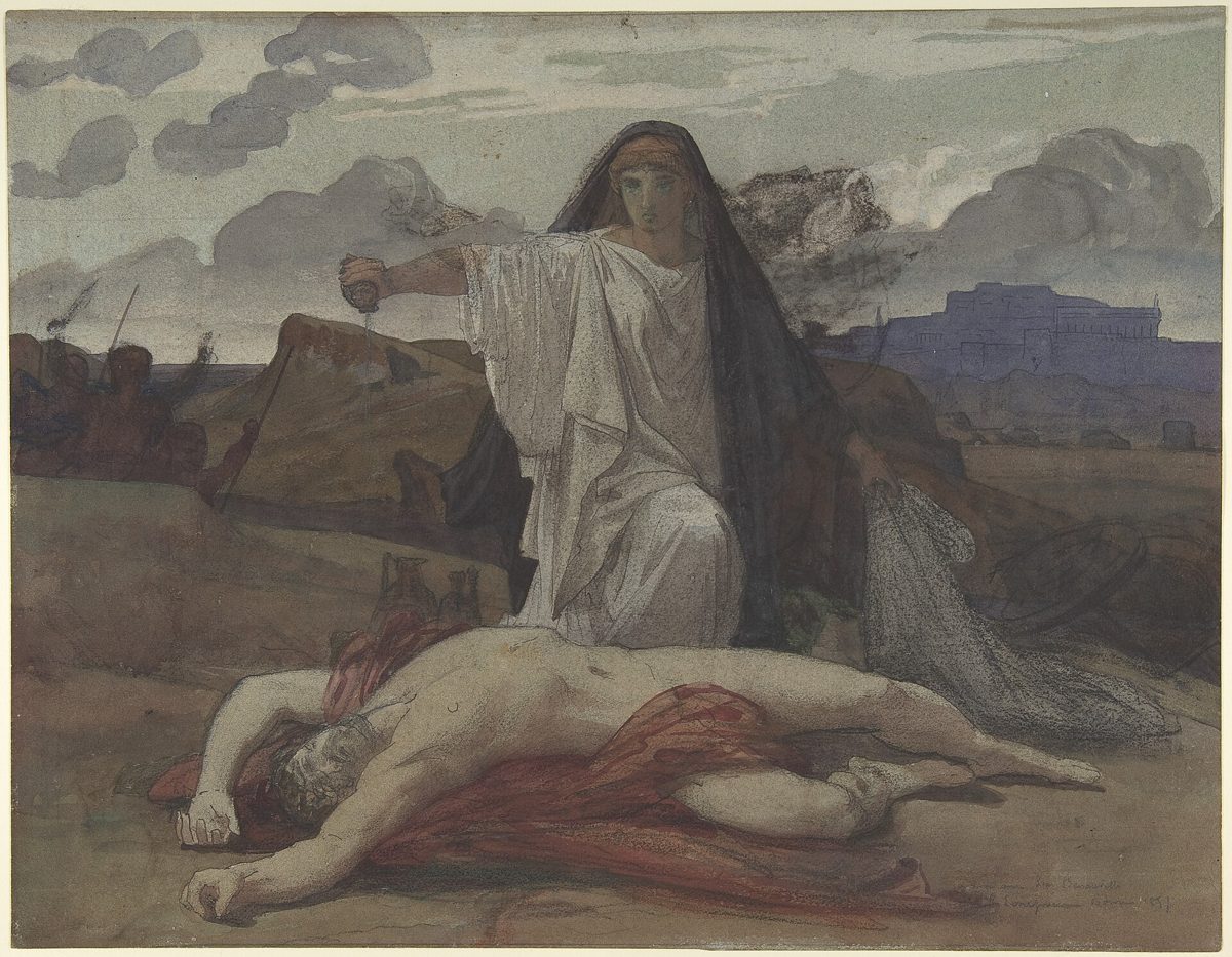 Drawing of Antigone kneeling over the body of her brother Polynices, scattering earth on him