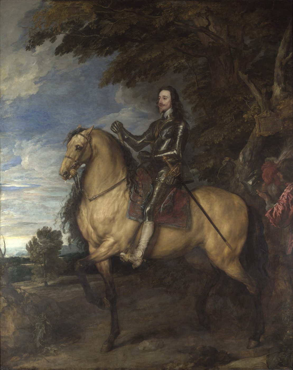Equestrian portrait of King Charles I on a dark horse beneath a tree, with an attendant standing at his side