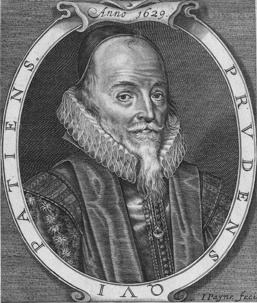 Engraved portrait of Sir Edward Coke in judge's robes and cap with a ruff collar