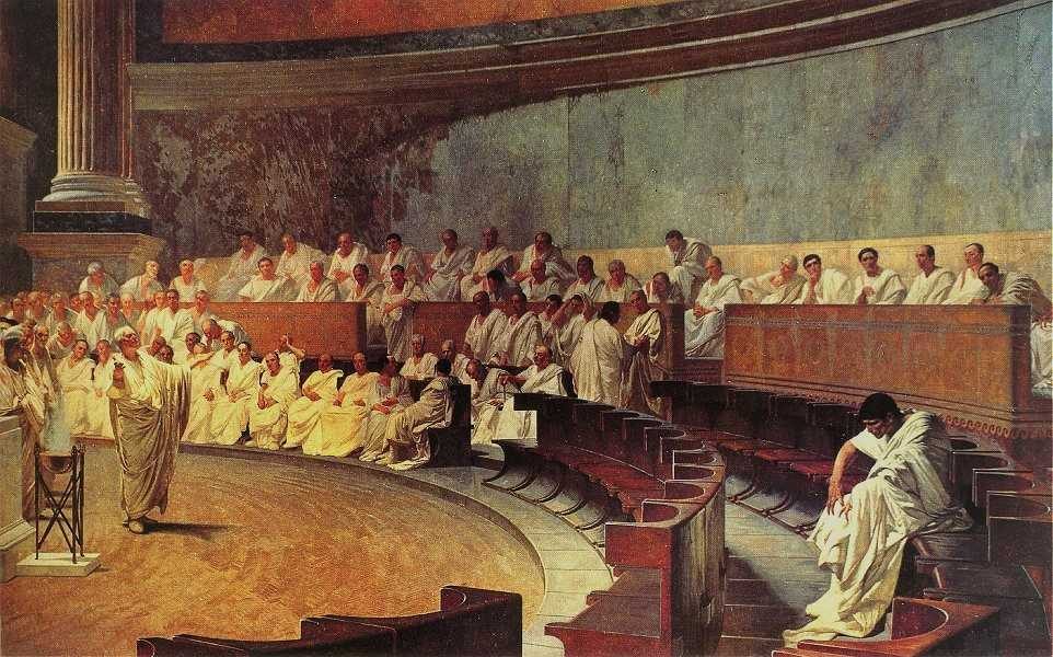 Fresco of a Roman senator in a white toga standing and speaking, one arm outstretched, before seated senators