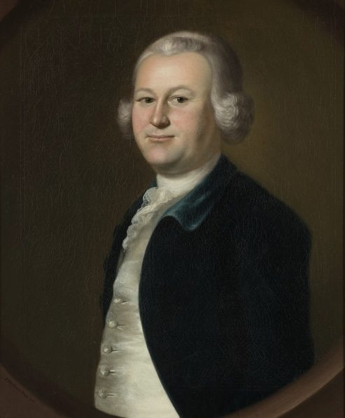 Oil portrait of James Otis Jr. in a powdered wig, white waistcoat and dark blue coat
