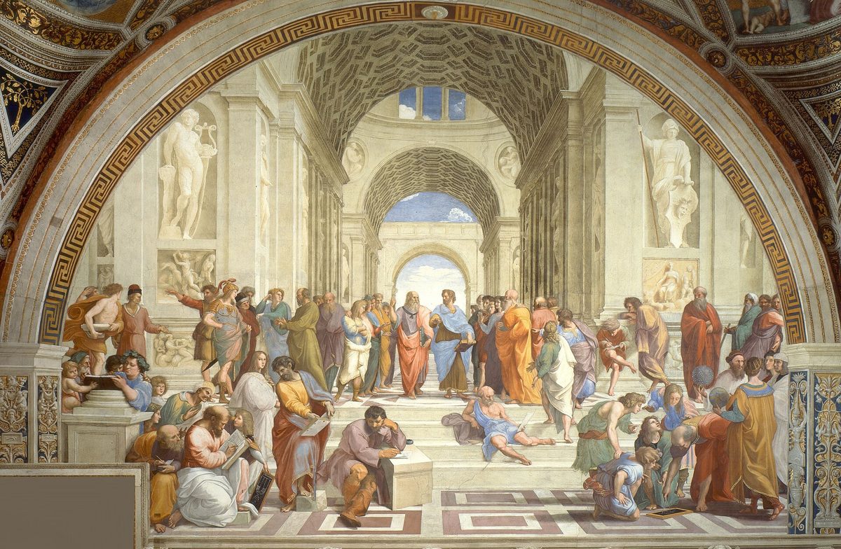 Raphael's fresco of ancient philosophers gathered under a vaulted hall, with Plato and Aristotle in the center walking toward the viewer