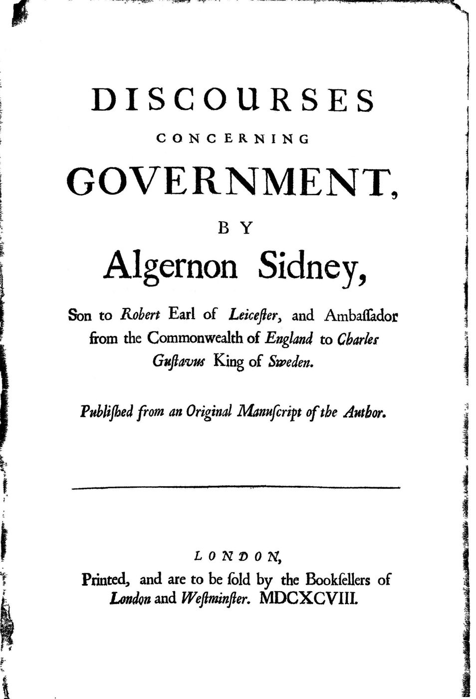 Printed title page reading Discourses Concerning Government by Algernon Sidney, London, 1698