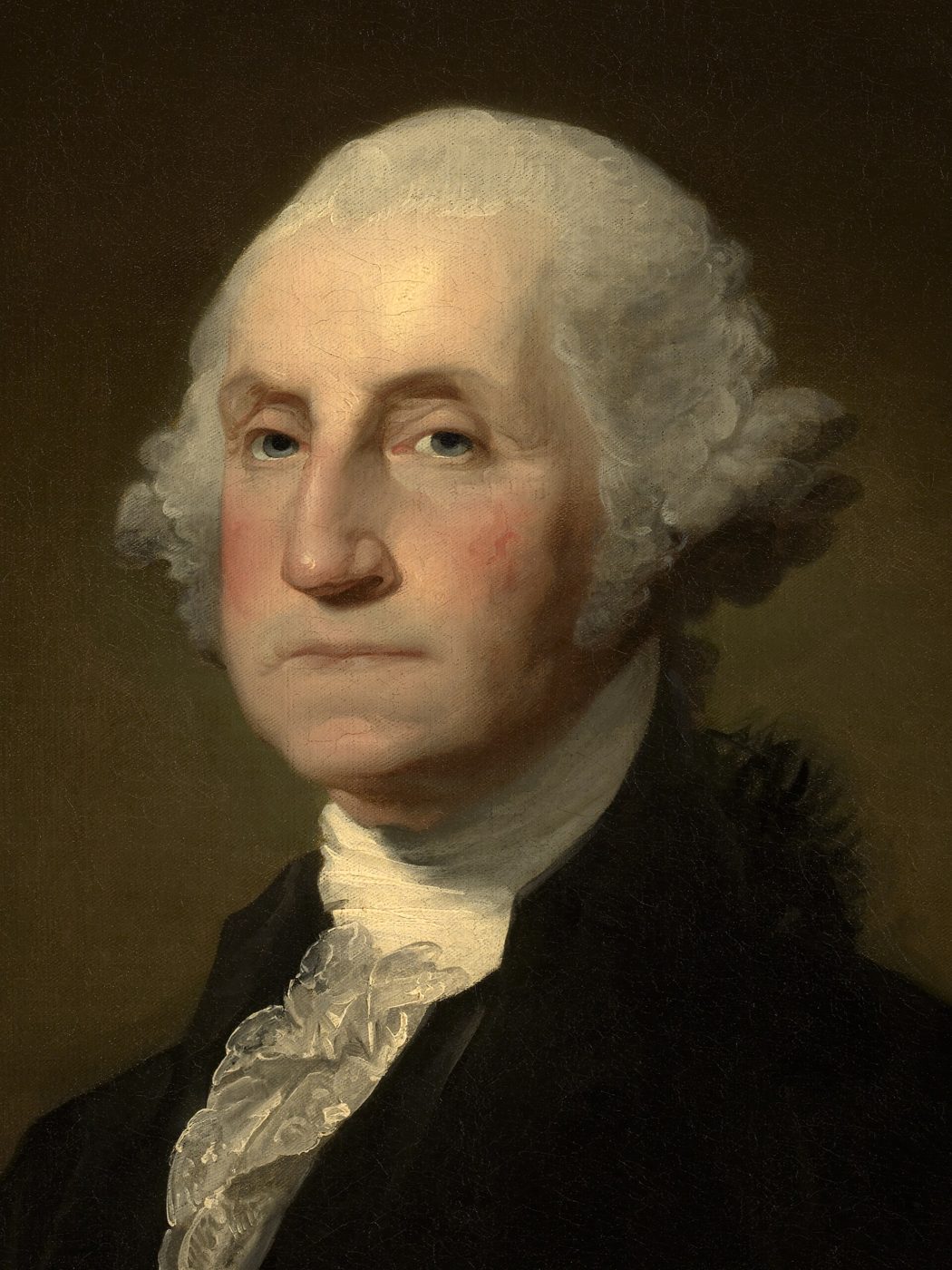 Portrait of George Washington with powdered hair, a dark coat and a white lace jabot, looking steadily to one side