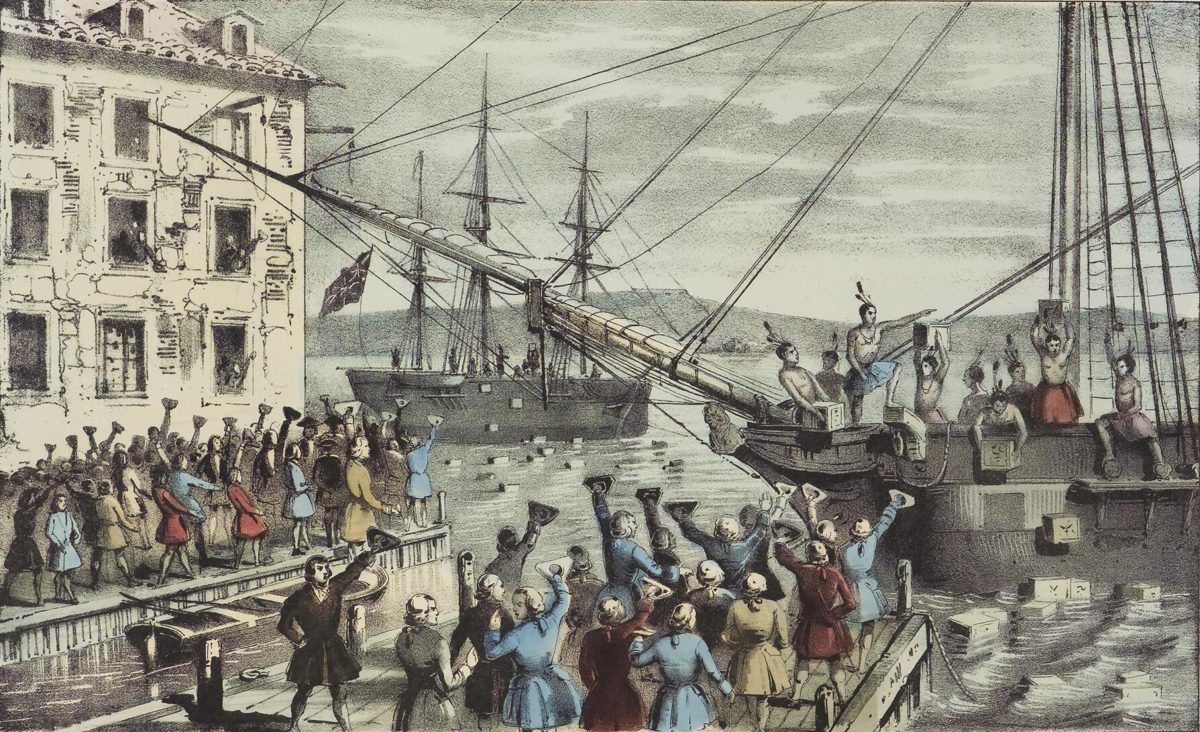 Nineteenth-century lithograph of colonists on the deck of a ship and on the wharf tossing chests of tea into Boston Harbor as a crowd watches
