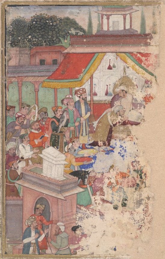 Mughal miniature painting of Emperor Jahangir presenting a robe of honor to a courtier, with the English ambassador Sir Thomas Roe among those looking on
