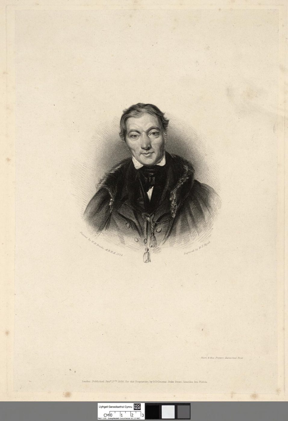 Engraved portrait of Robert Owen in a dark coat with a high collar