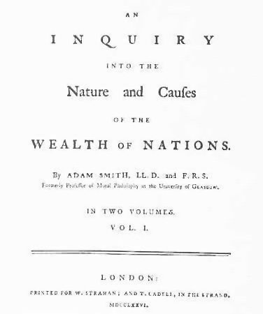 Title page of the first edition of Adam Smith's An Inquiry into the Nature and Causes of the Wealth of Nations, London, 1776