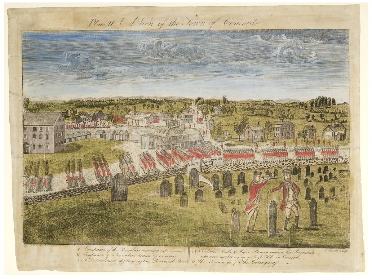 Engraving of a New England village seen from a hill, with long columns of red-coated soldiers marching in along a road
