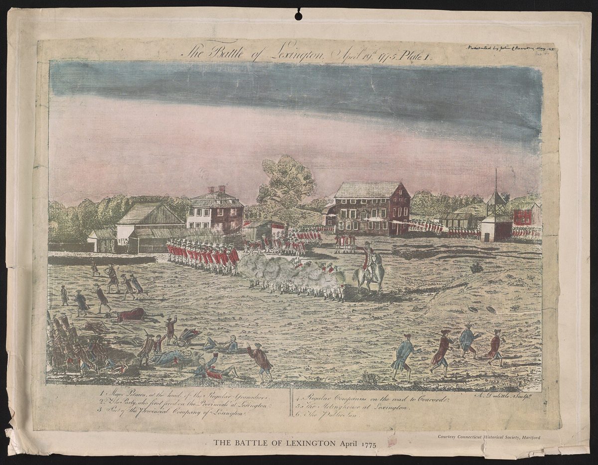 Eighteenth-century engraving of British soldiers in red coats firing in formation on Lexington Green while colonial militiamen scatter, with a meetinghouse behind