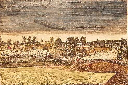 Engraving of militiamen on the left and British regulars on the right exchanging fire across a narrow wooden bridge over a river