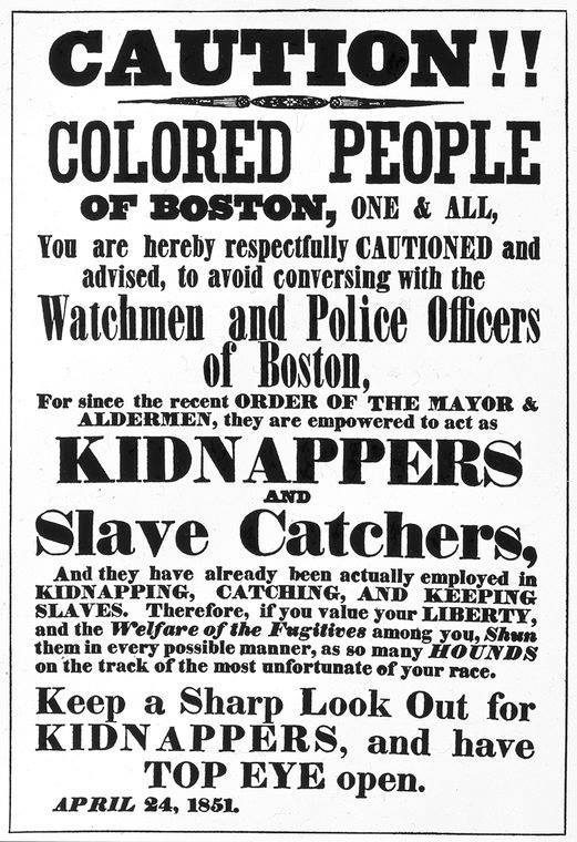 Printed broadside warning Black residents of Boston about slave catchers, in large black capital letters on a pale ground