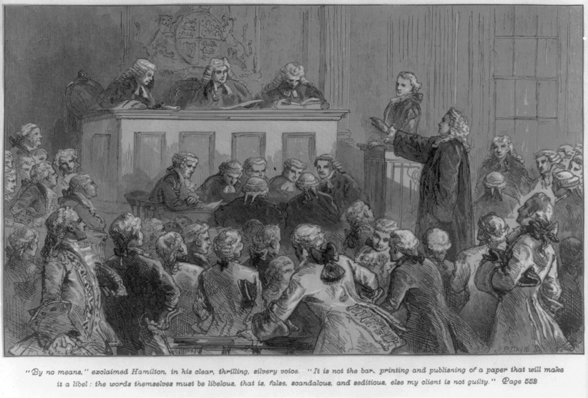 Wood engraving of Andrew Hamilton addressing the court and jury at the trial of John Peter Zenger