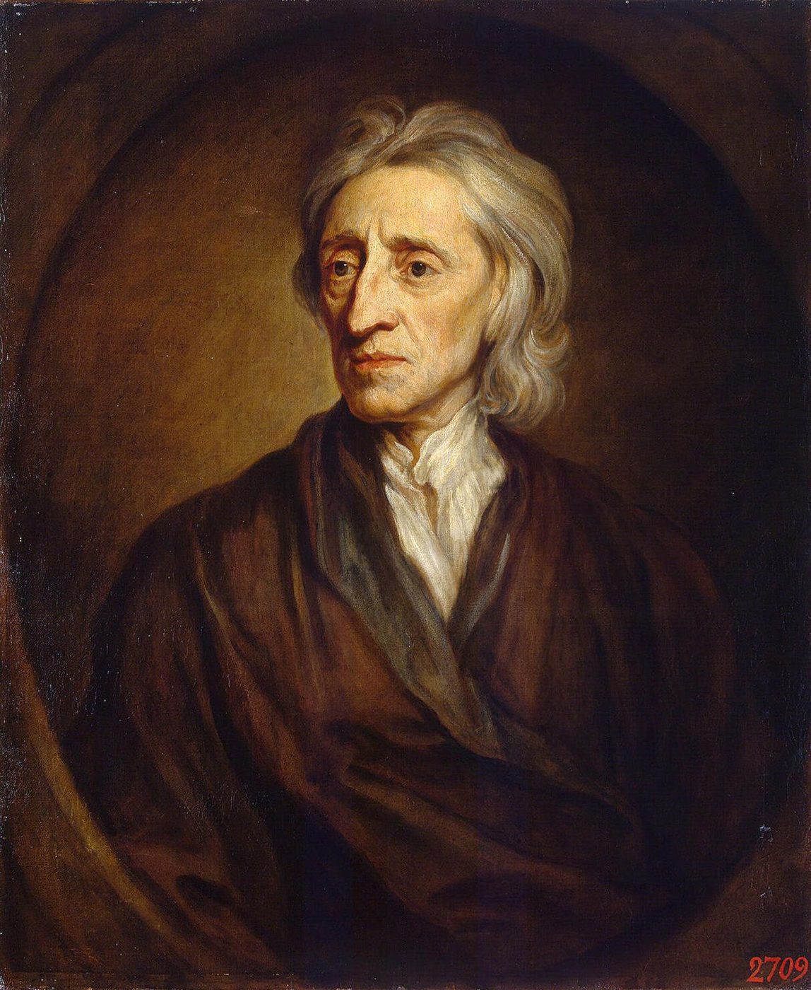 Oil portrait of John Locke by Godfrey Kneller, 1697, showing the philosopher in a dark coat and white cravat