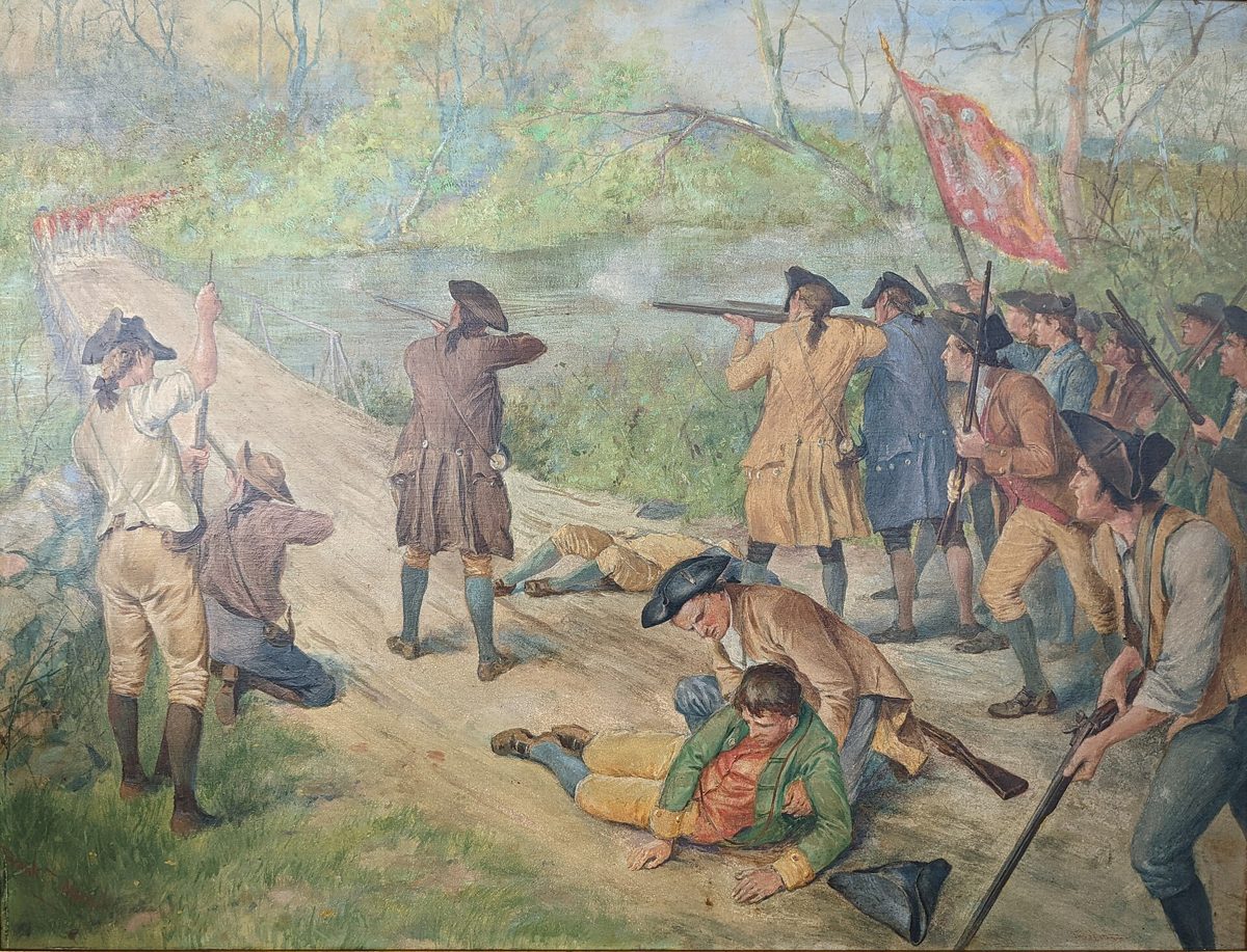 Early twentieth century illustration of the fight at the North Bridge, with militiamen and red-coated soldiers facing each other across a wooden bridge