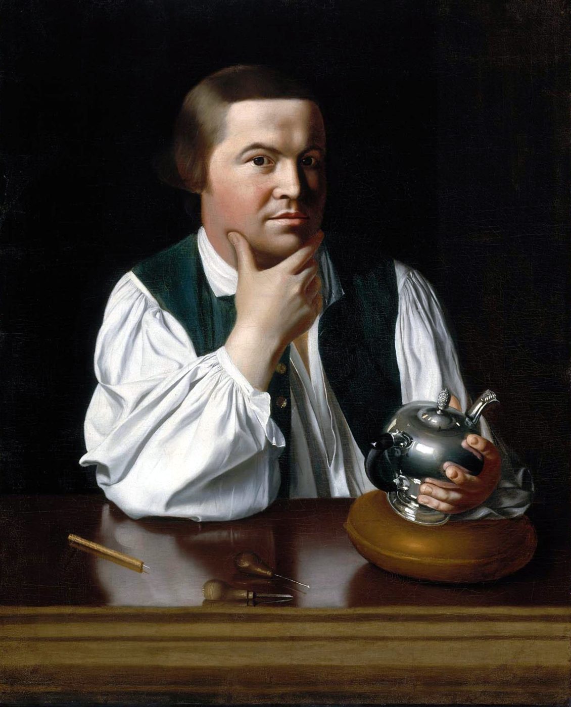 Portrait of Paul Revere in shirtsleeves and waistcoat holding a silver teapot, painted by John Singleton Copley