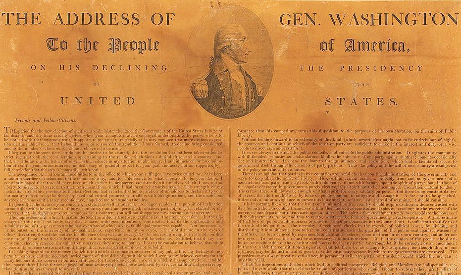 The opening of George Washington's Farewell Address as printed in 1796