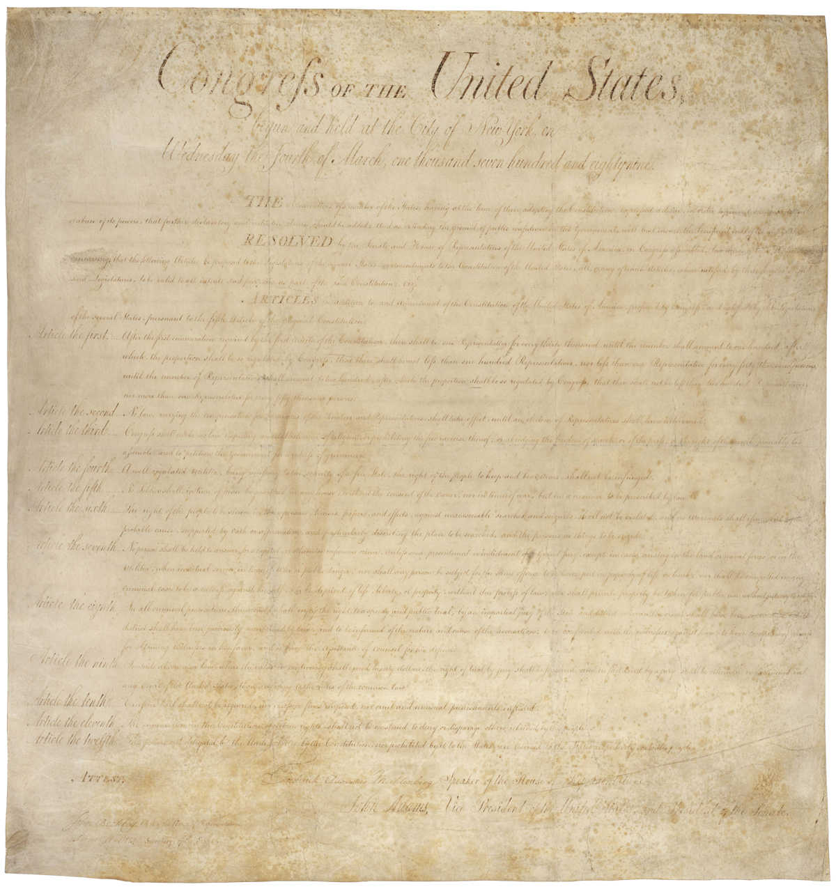 The enrolled joint resolution of Congress proposing twelve amendments, handwritten in brown ink on parchment