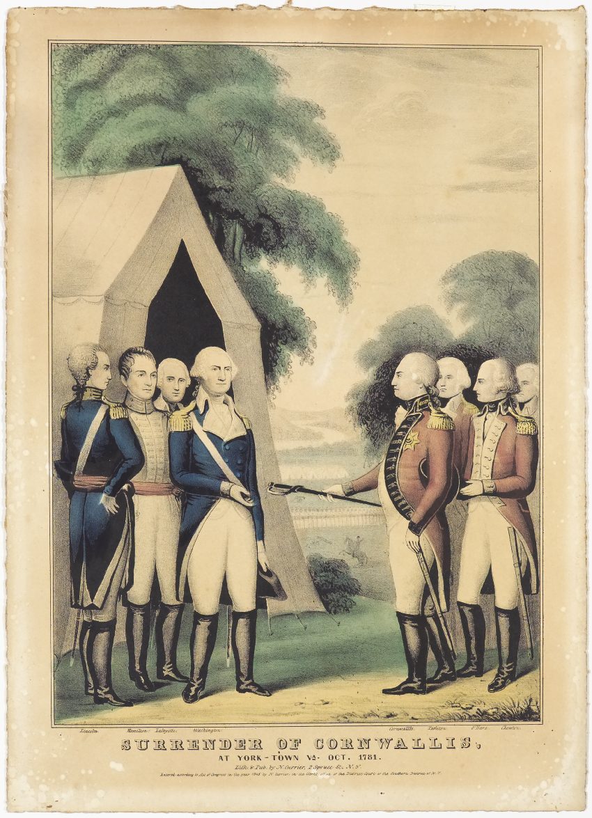 Colored print of a surrender at Yorktown, with French and American troops drawn up on either side as British soldiers lay down their arms