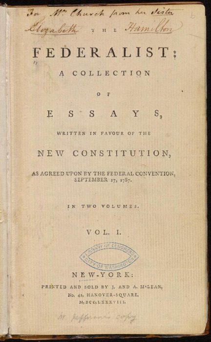 Title page of the first edition of The Federalist, 1788