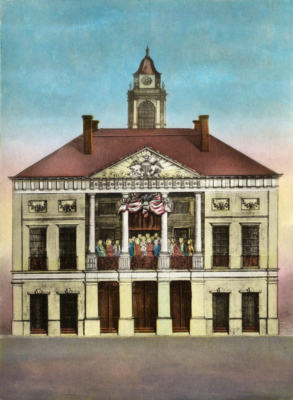 Engraving of Washington taking the oath on the gallery of Federal Hall as a crowd watches from the street