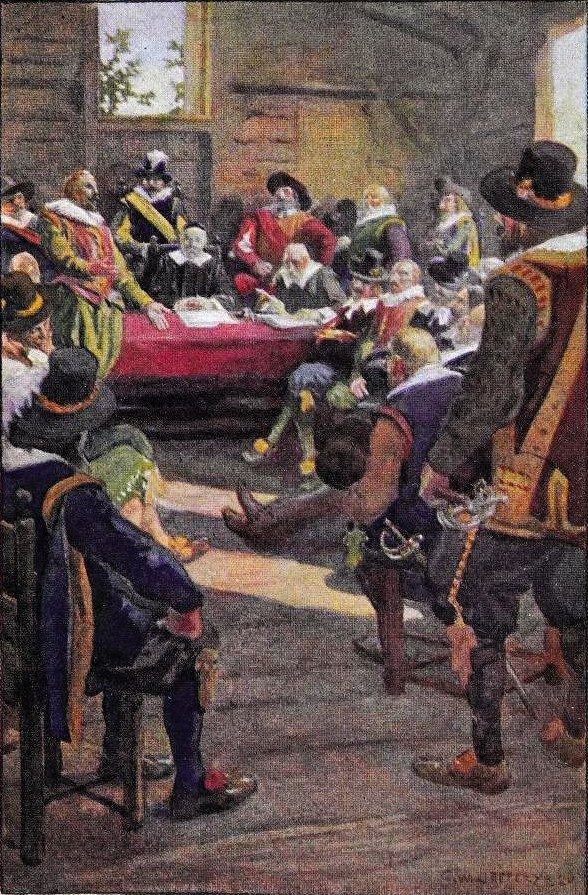 Illustration of the first Virginia legislative assembly of 1619, with the governor seated at the front and the burgesses facing him in a wooden church
