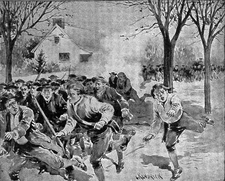 Illustration of armed men fleeing from a line of militia and a cannon in a snowy field near a large building