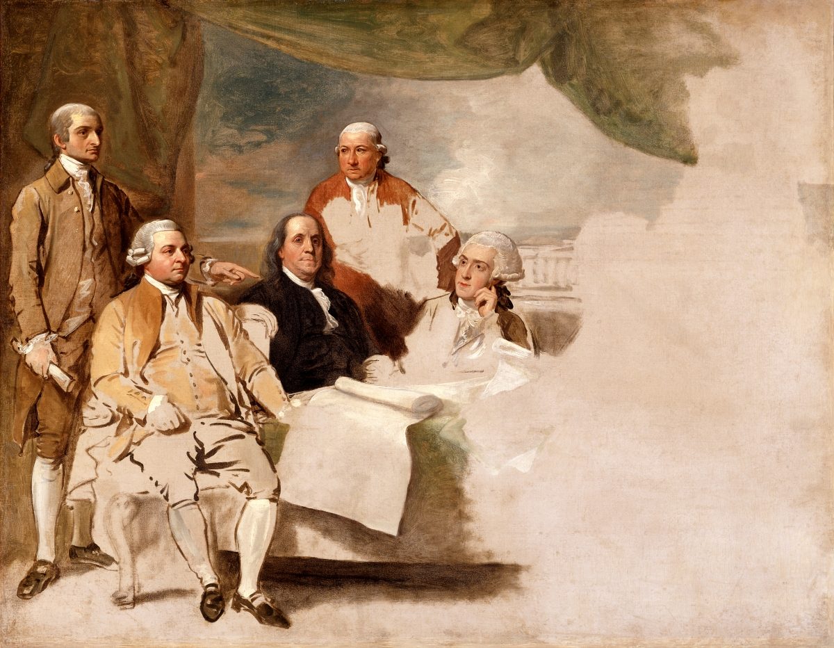 Unfinished painting of five American men standing and sitting together in a room, with the right side of the canvas left blank