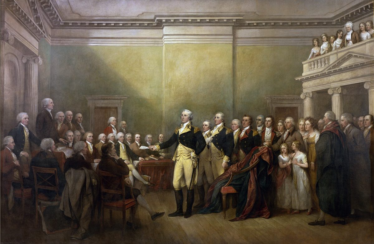 Painting of Washington standing before the seated president of Congress in a chamber, with delegates and spectators around him