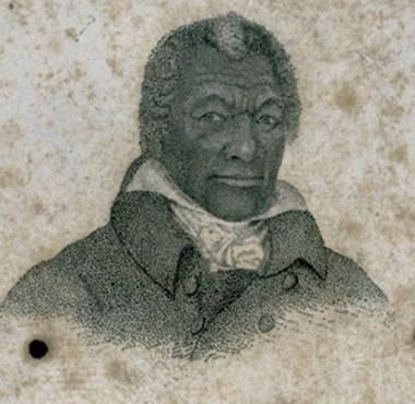 Painted portrait of James Armistead Lafayette in a dark coat with a high white collar