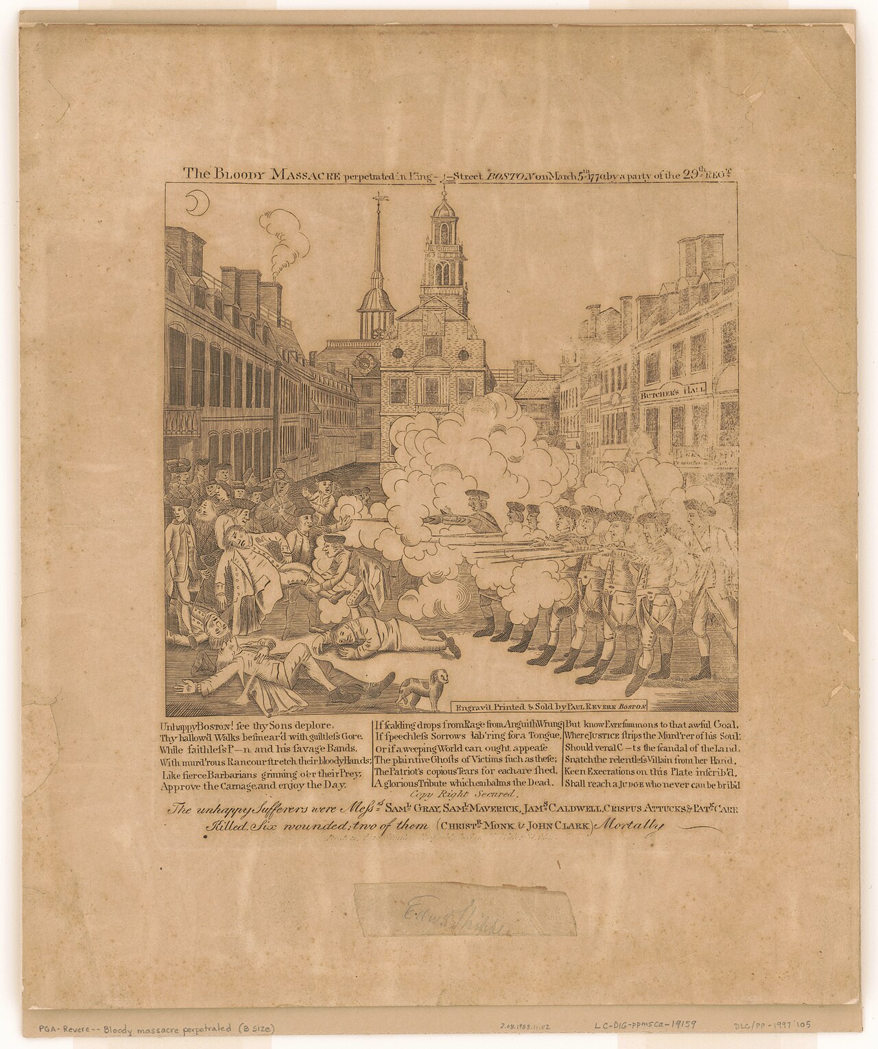 Engraving of British soldiers in a line firing into a crowd of unarmed colonists in front of the Custom House, with a dead man on the snow