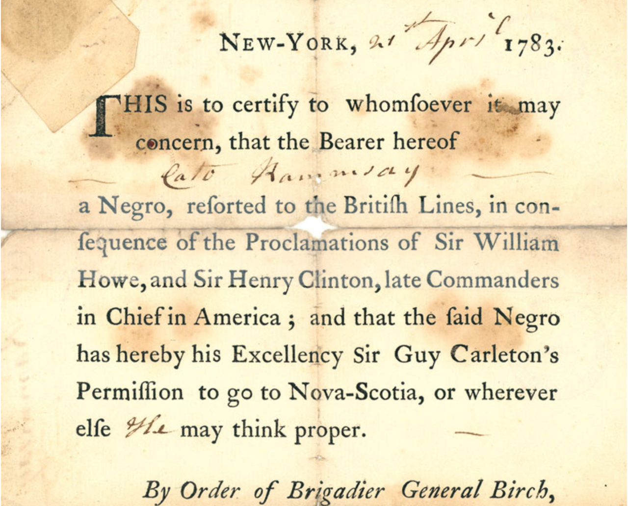 Handwritten freedom certificate issued in 1783 by Brigadier General Samuel Birch to a Black refugee in New York