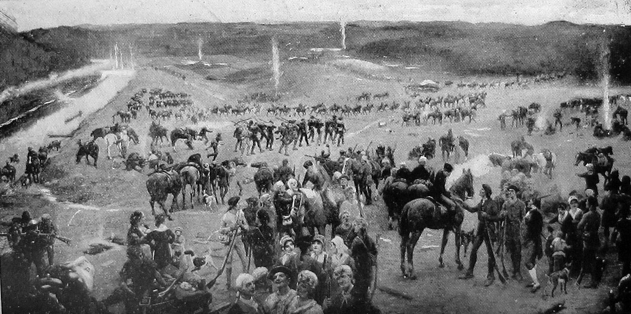 Black and white reproduction of a painting of frontier riflemen, families and a preacher gathered beside a river
