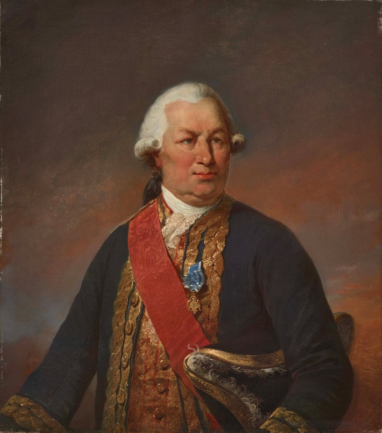 Painted portrait of the comte de Grasse in a dark blue coat with gold embroidery, a red sash and a white wig