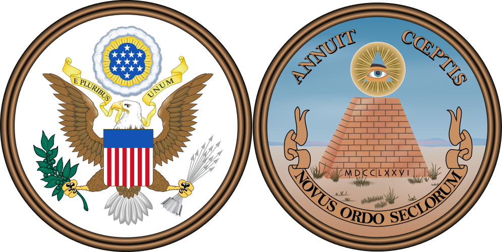 The obverse and reverse of the Great Seal of the United States: an eagle holding arrows and an olive branch, and an unfinished pyramid under an eye