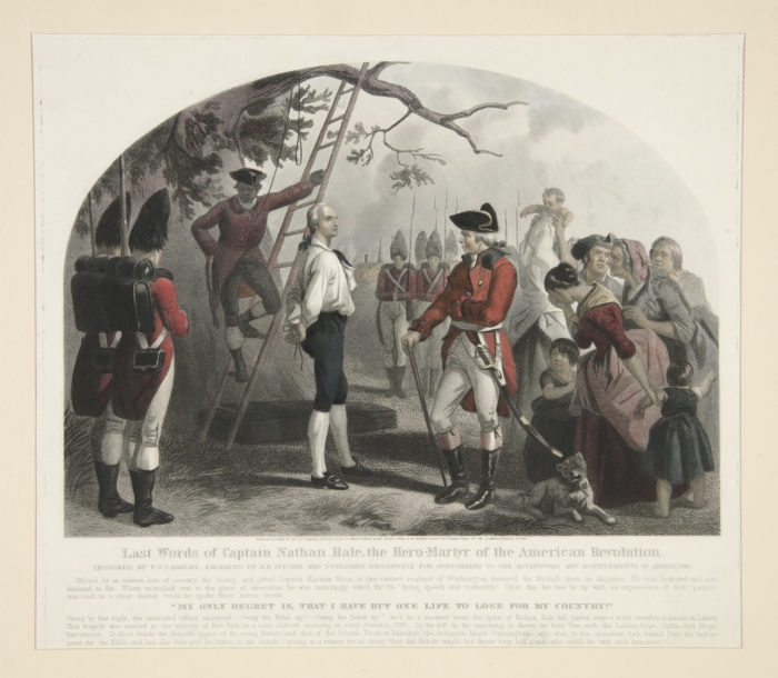 Engraving of Nathan Hale standing with bound hands on the gallows, speaking to British officers