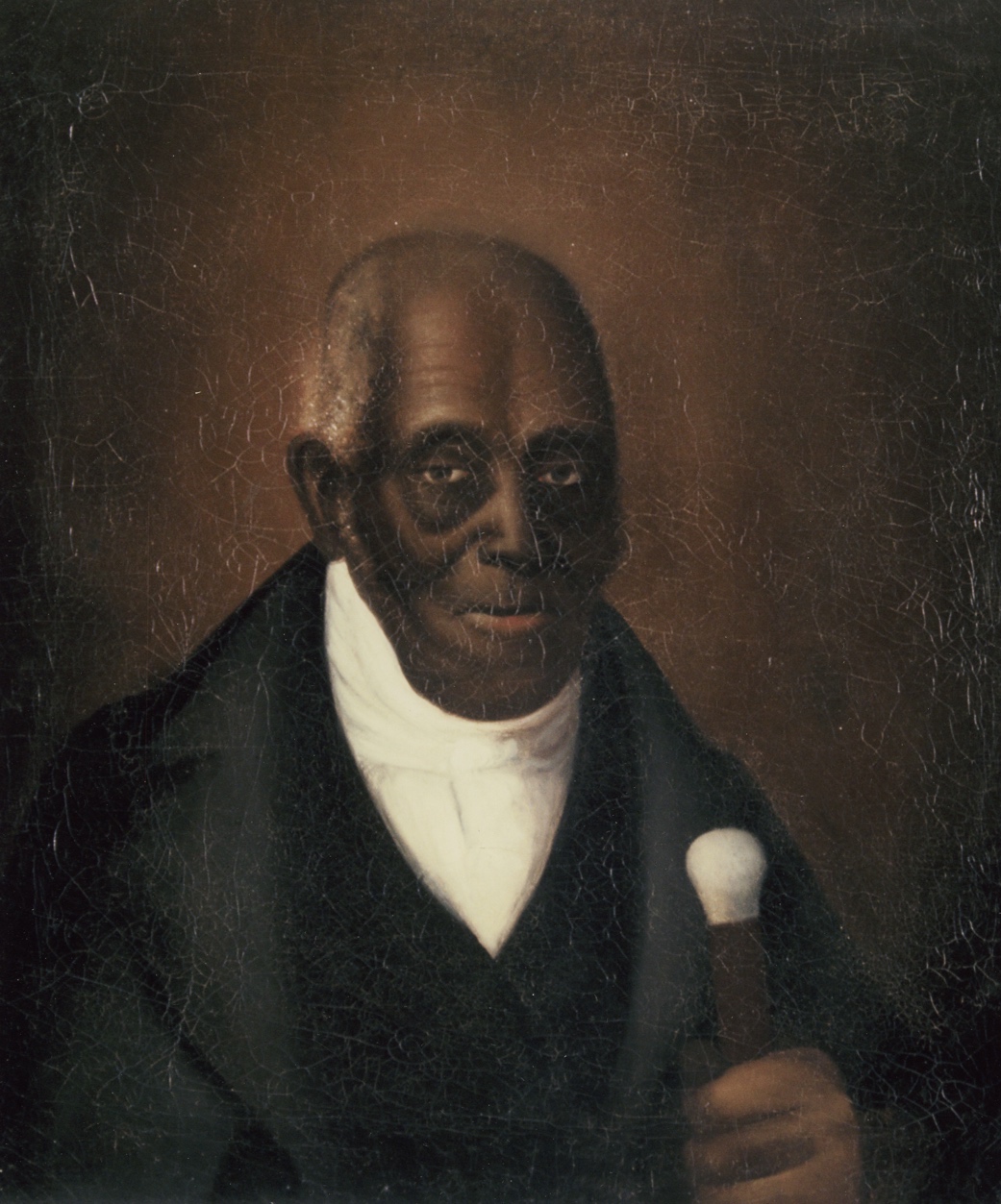 Painted portrait of Agrippa Hull as an elderly man with white hair and a dark coat