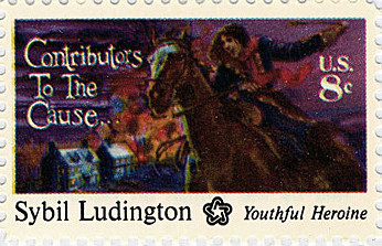 Postage stamp showing a girl on a galloping horse, with the words Contributors to the Cause and Youthful Heroine