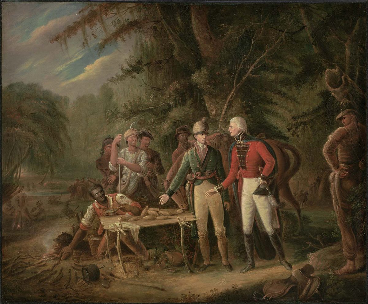 Painting of a ragged American officer seated by a fire in a swamp clearing while a British officer stands before him and a man cooks sweet potatoes