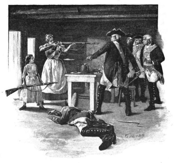 Old black and white book illustration of a tall woman in a cabin doorway holding a musket