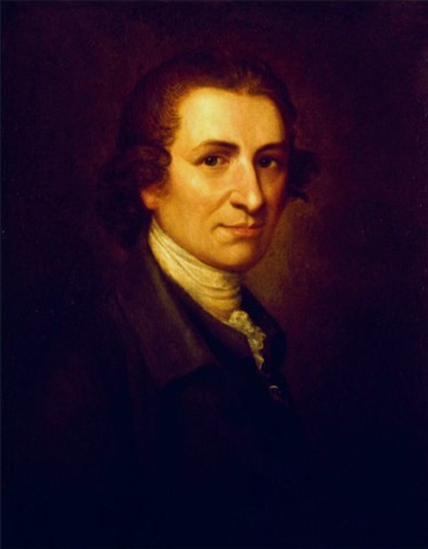 Portrait of Thomas Paine in a dark coat with a white cravat, looking out at the viewer