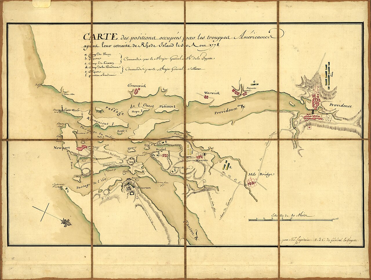 Eighteenth-century French military map of Narragansett Bay and Aquidneck Island showing American and British positions
