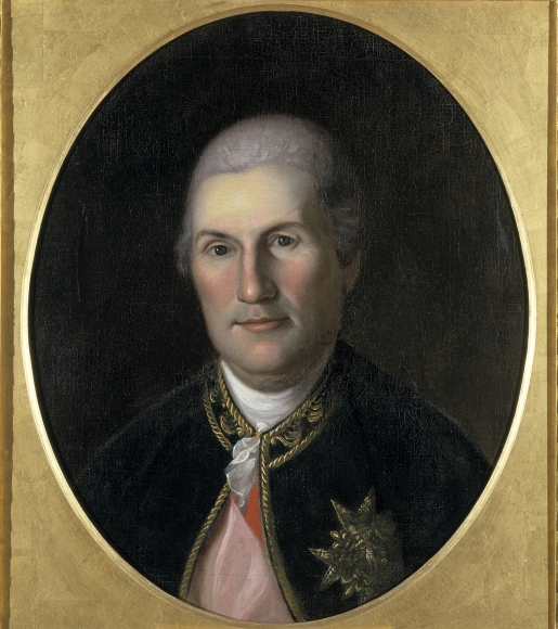 Painted portrait of the comte de Rochambeau in a blue French officer's coat with a red sash