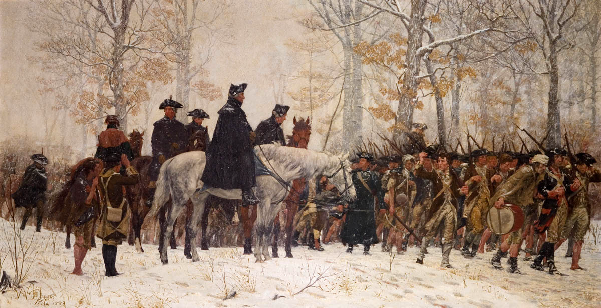 Oil painting of Continental soldiers in ragged clothing marching through snow toward Valley Forge