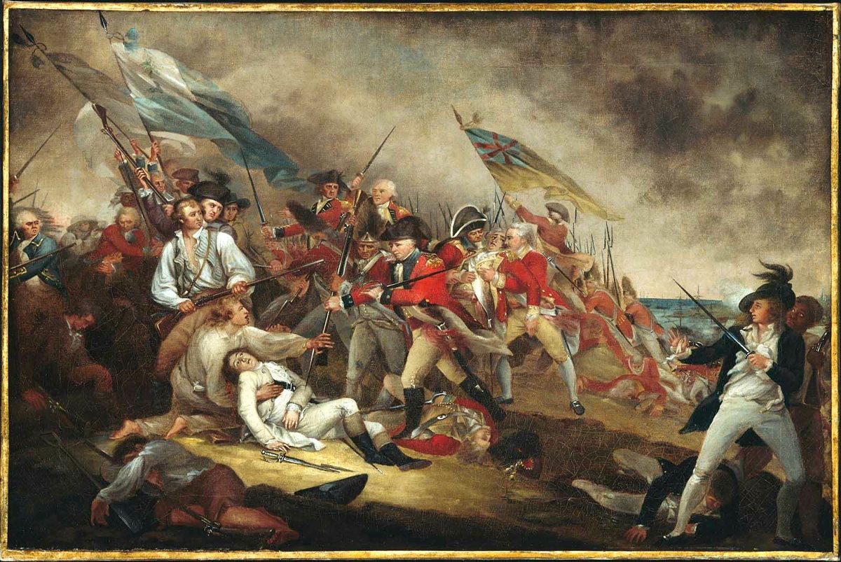 Crowded battle painting with a dying officer in white at center, British officers above him, and at the right edge a young white officer with a sword beside a Black man holding a musket