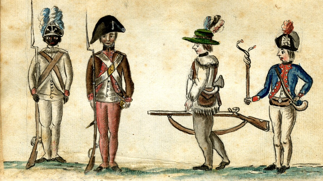 Watercolor sketch of Continental soldiers at Yorktown in 1781, with a Black soldier in a white jacket and cap at the left