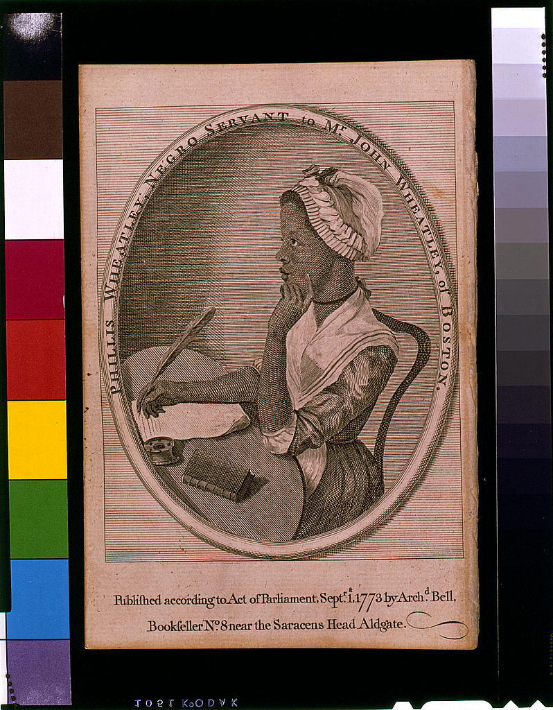 Engraved portrait of Phillis Wheatley seated at a small table with a quill pen, looking upward, in a cap and long dress